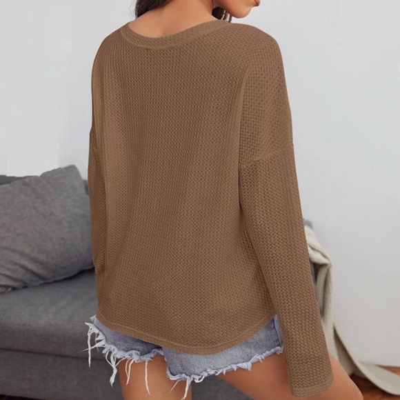 V neck waffle knit long sleeve tee shirt brown - Picture 2 of 14